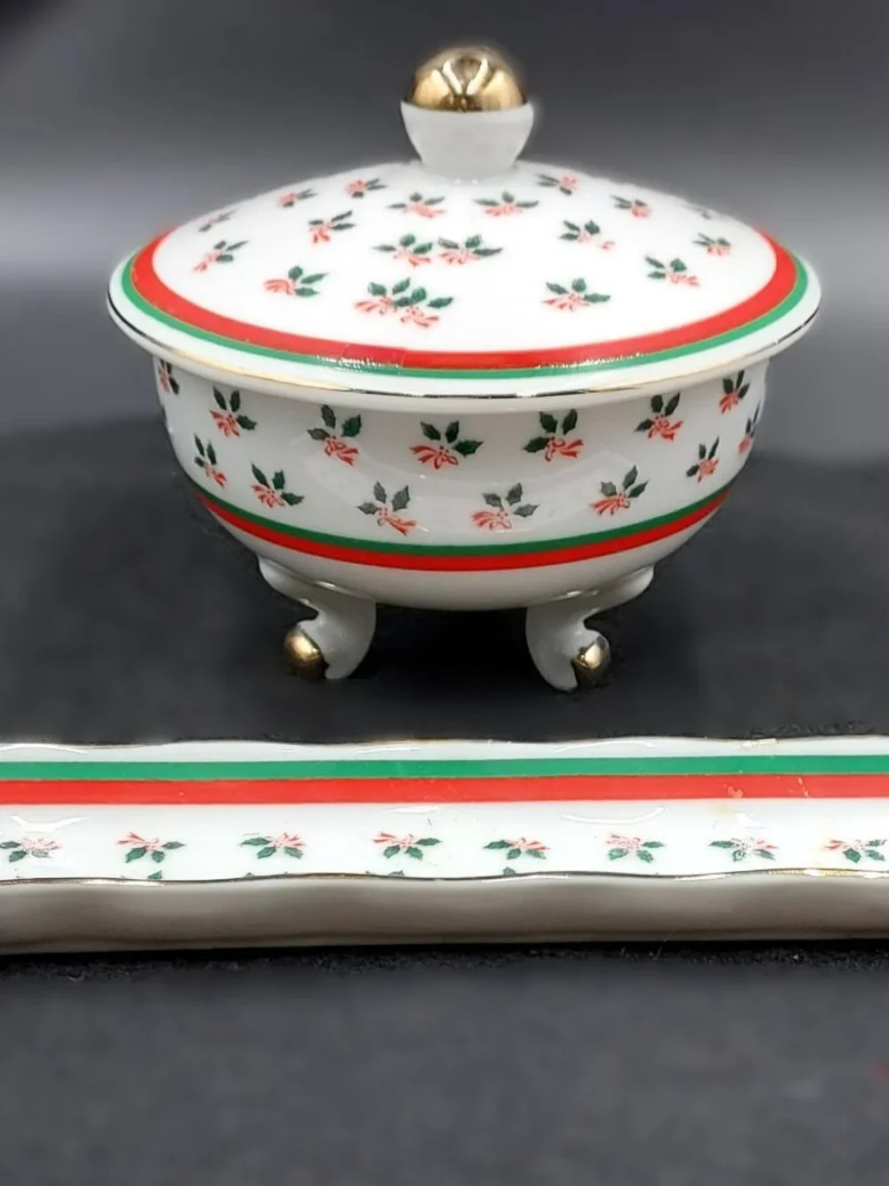 Vintage Lefton Handpainted Holly Holiday Covered Dish and Tray